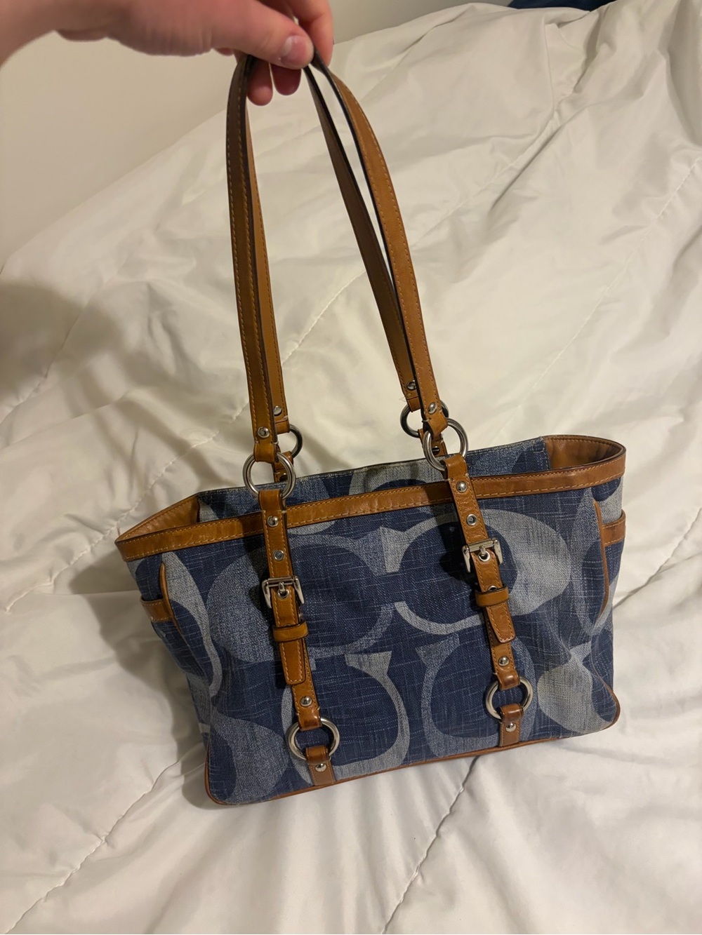 Coach Vintage Blue Canvas Tote with Tan Leather Trim
